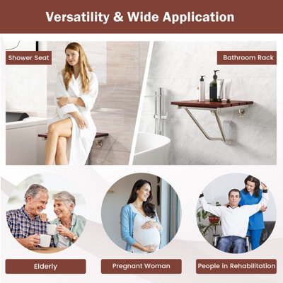 Costway Wood Folding Shower Seat Wall Mount Shower Chair for Small Space - 9