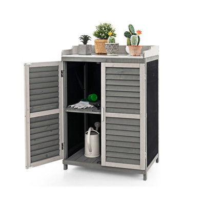 Costway Wood Garden Potting Bench Table Outdoor Storage Cabinet W/ Metal Plated Tabletop