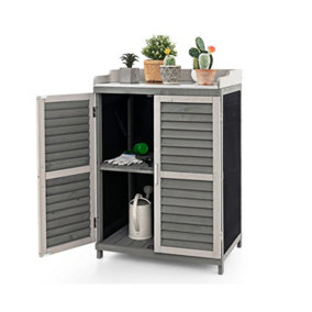 Costway Wood Garden Potting Bench Table Outdoor Storage Cabinet W/ Metal Plated Tabletop
