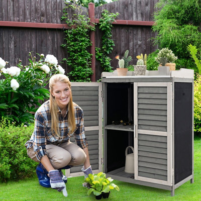 Costway Wood Garden Potting Bench Table Outdoor Storage Cabinet W/ Metal Plated Tabletop - 3