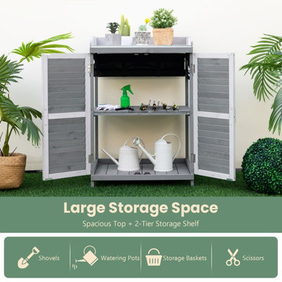 Costway Wood Garden Potting Bench Table Outdoor Storage Cabinet W/ Metal Plated Tabletop - 5
