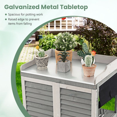Costway Wood Garden Potting Bench Table Outdoor Storage Cabinet W/ Metal Plated Tabletop - 7