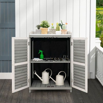 Costway Wood Garden Potting Bench Table Outdoor Storage Cabinet W/ Metal Plated Tabletop - 8