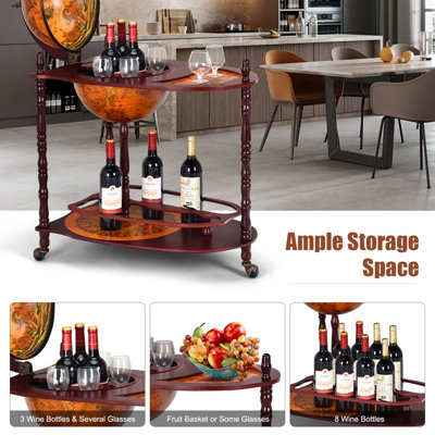 Costway Wood Globe Drink Cabinet Rolling Wine Bar Stand Nautical Chart W/ Liquor Bottle Shelf