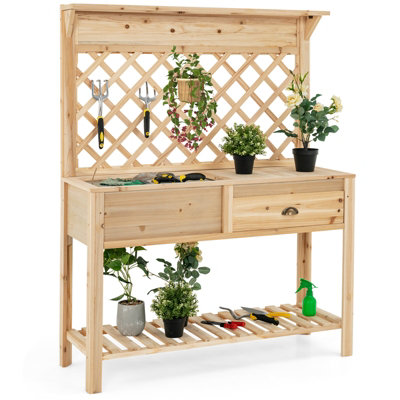 Costway Wood Raised Garden Bed Freestanding Elevated Planter Stand w/ Trellis