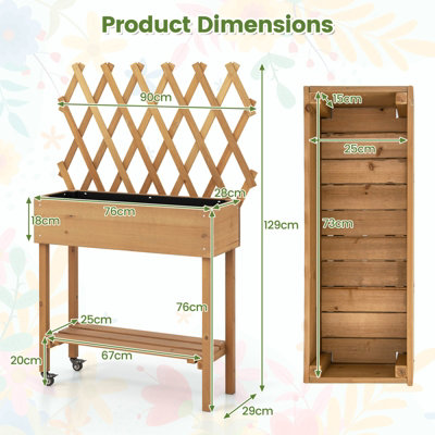 Costway Wood Raised Garden Bed w/ Trellis Mobile Elevated Planter for Climbing Plants