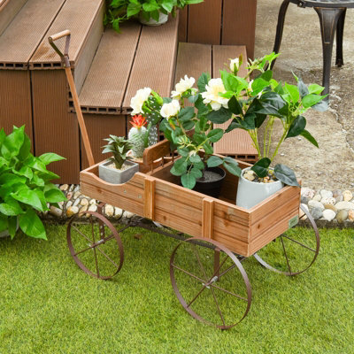 Wood Wagon Flower Planter Pot Stand W/Wheels Home Garden Outdoor Decor