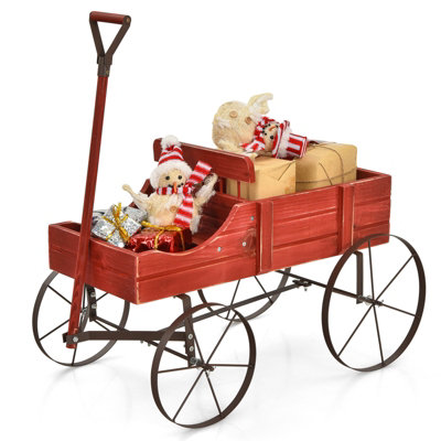 Costway Wood Wagon Flowe Plante Pot Stand W/Wheels Home