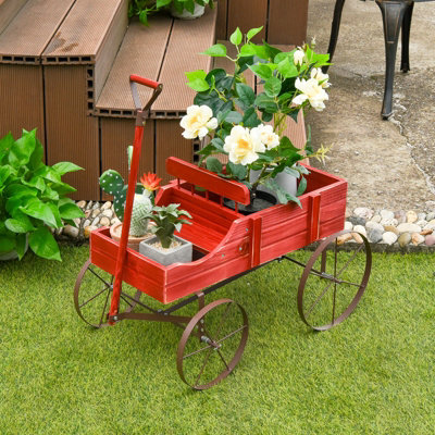 Costway Wood Wagon Flower Planter Outdoor Decorative Pot Stand W/ Wheels & 2 Sections - 3