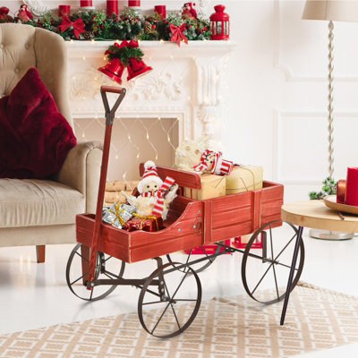 Costway Wood Wagon Flower Planter Outdoor Decorative Pot Stand W/ Wheels & 2 Sections - 5