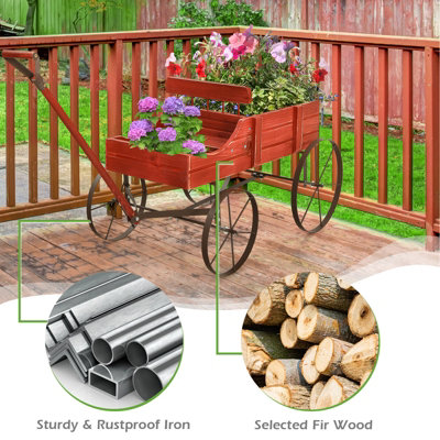 Costway Wood Wagon Flower Planter Outdoor Decorative Pot Stand W/ Wheels & 2 Sections - 7