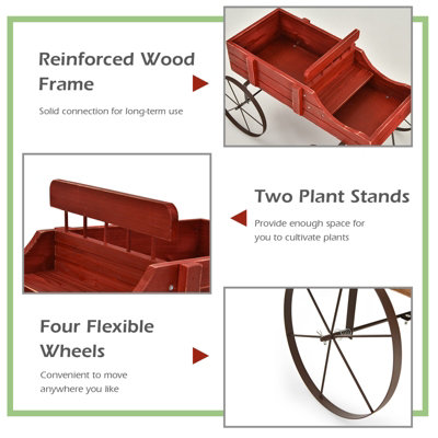Costway Wood Wagon Flower Planter Outdoor Decorative Pot Stand W/ Wheels & 2 Sections - 8