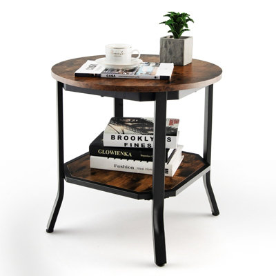 Costway Wooden 2-Tier Side Table Round Industrial Sofa End Beside Table w/ Storage Shelf