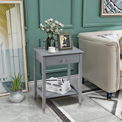 Costway Wooden Bedside Tables Nightstand End Sofa Side Tables with Drawer & Open Shelf