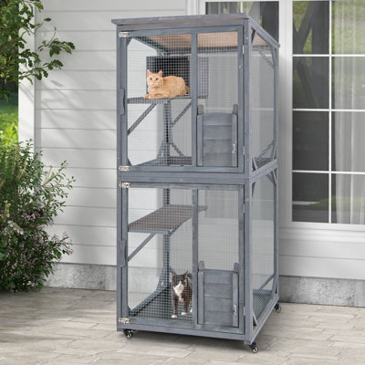 Costway Wooden Cat House Kitten Cage Enclosure on Wheels w/ Asphalt Roof & 2 Platforms