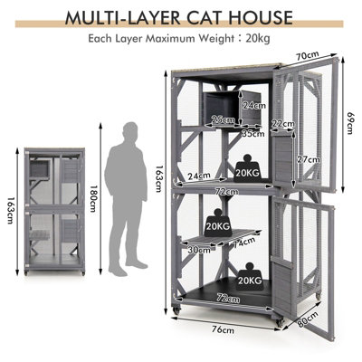 Costway Wooden Cat House Kitten Cage Enclosure on Wheels w/ Asphalt Roof & 2 Platforms