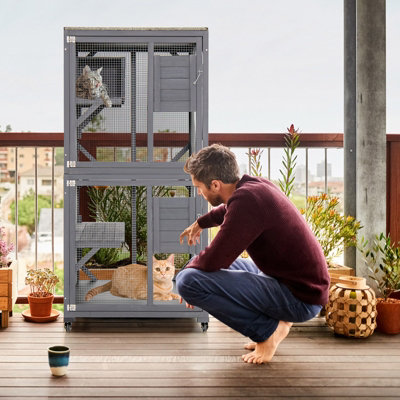 Costway Wooden Cat House Kitten Cage Enclosure on Wheels w/ Asphalt Roof & 2 Platforms - 3