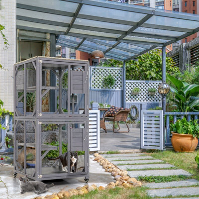 Costway Wooden Cat House Kitten Cage Enclosure on Wheels w/ Asphalt Roof & 2 Platforms - 4