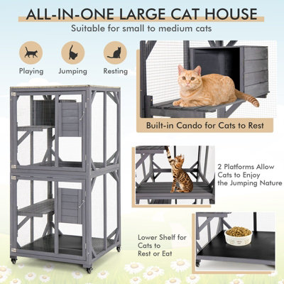 Costway Wooden Cat House Kitten Cage Enclosure on Wheels w/ Asphalt Roof & 2 Platforms - 5