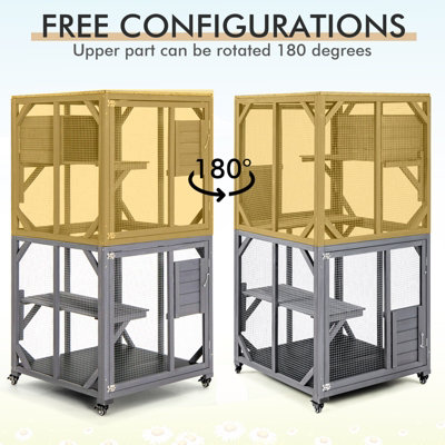 Costway Wooden Cat House Kitten Cage Enclosure on Wheels w/ Asphalt Roof & 2 Platforms - 6