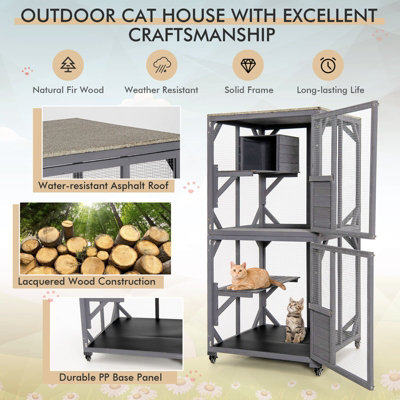Costway Wooden Cat House Kitten Cage Enclosure on Wheels w/ Asphalt Roof & 2 Platforms - 7