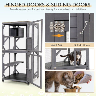 Costway Wooden Cat House Kitten Cage Enclosure on Wheels w/ Asphalt Roof & 2 Platforms - 8