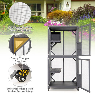 Costway Wooden Cat House Kitten Cage Enclosure on Wheels w/ Asphalt Roof & 2 Platforms - 9