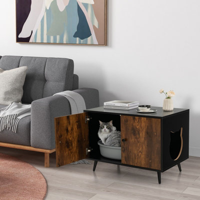 Costway Wooden Cat Litter Box Enclosure Kitten Litter Box Enclosure Cat House End Table - 3