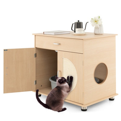 Costway Wooden Cat Litter Box Enclosure w/ Sisal Scratching Doors ...