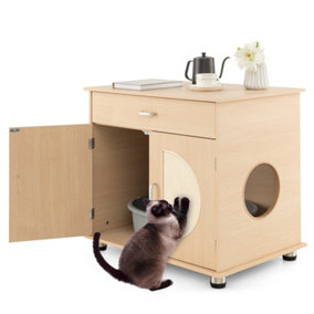 Costway Wooden Cat Litter Box Enclosure w/ Sisal Scratching Doors Hidden Cat Washroom