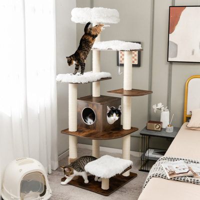 Costway Wooden Cat Tower Large Modern Cat Tree Tower Multi level Cat Play Center Indoor