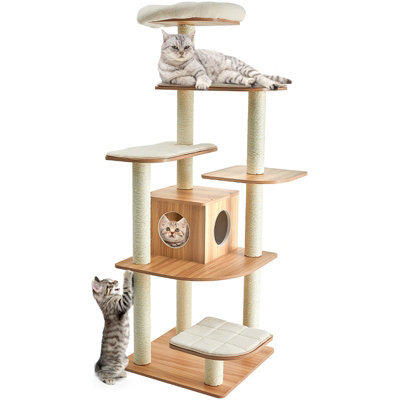 Costway Wooden Cat Tower Large Modern Cat Tree Tower Multi-level Cat ...