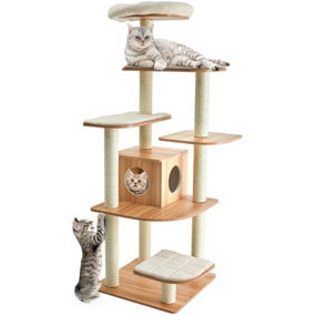 Costway Wooden Cat Tower Large Modern Cat Tree Tower Multi-level Cat Play Center Indoor