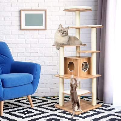 Costway Wooden Cat Tower Large Modern Cat Tree Tower Multi-level Cat Play Center Indoor - 3