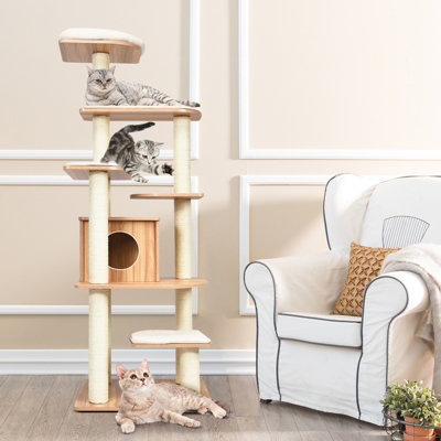 Costway Wooden Cat Tower Large Modern Cat Tree Tower Multi-level Cat Play Center Indoor