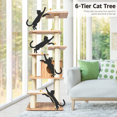 Costway Wooden Cat Tower Large Modern Cat Tree Tower Multi-level Cat Play Center Indoor - 5