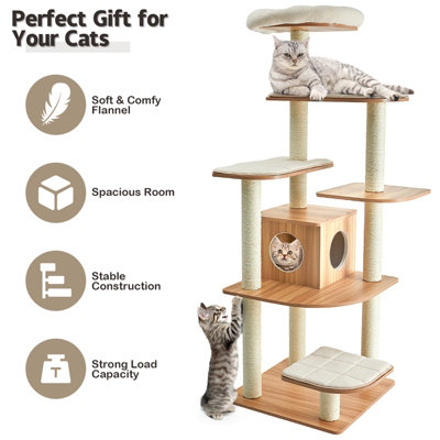 Costway Wooden Cat Tower Large Modern Cat Tree Tower Multi-level Cat Play Center Indoor - 8
