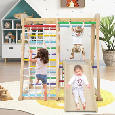 COSTWAY Wooden Climber Playset Kids Slide W/ Monkey Bars & Climbing ...
