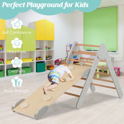 Costway Wooden Climbing Triangle Ladder Toddlers Climbing Toy w/ Reversible Ramp - 7