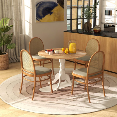 Mollveesen 34.25 Inch Round Wood Dining Table - Black Trestle Pedestal Base With Stainless Steel Plate