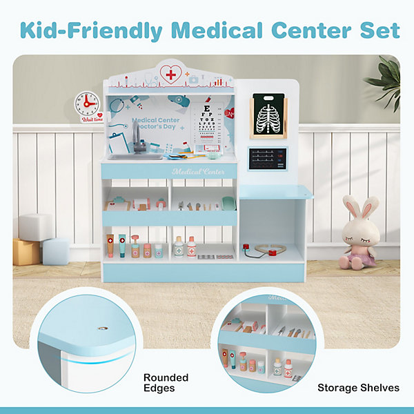 Centre Médical en Bois Enfants avec Zone d'Examen Film Radiographique Moniteur ECG Tableau de Vision Robinet Évier Bleu Centre Médical en Bois Enfants avec Zone d'Examen Film Radiographique Moniteur ECG Tableau de Vision Robinet Évier Bleu