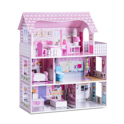 Costway Wooden Dollhouse Playset 3-Floor Toy Family House W/ Complete ...