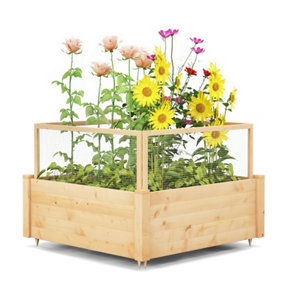 Costway Wooden Elevated Planter Box Square Raised Garden Bed with Fence