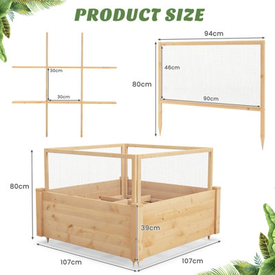 Costway Wooden Elevated Planter Box Square Raised Garden Bed with Fence