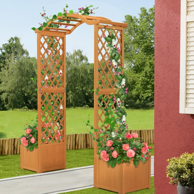 Costway Wooden Garden Arch Large Rose Trellis Pergola Arbour Climbing Decor with Planter - 4