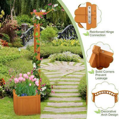 Costway Wooden Garden Arch Large Rose Trellis Pergola Arbour Climbing Decor with Planter - 9