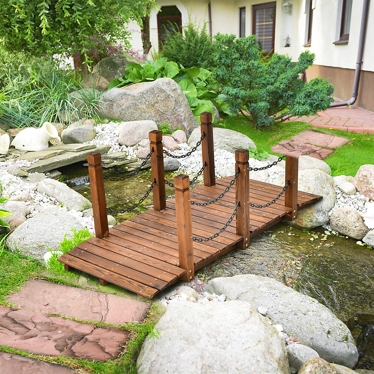 Costway Wooden Garden Bridge Metal Chain Arc Footbridge Costway Wooden Garden Bridge Metal Chain Arc Footbridge