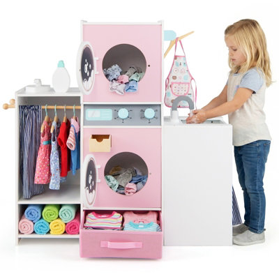 COSTWAY Wooden Kids Laundry Playset Pretend Toy Washing Machine-Pink
