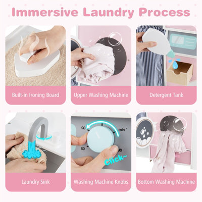 COSTWAY Wooden Kids Laundry Playset Pretend Toy Washing Machine-Pink