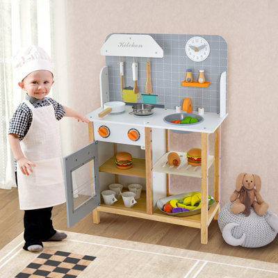 Costway Wooden Kids Play Kitchen Pretend Children Role Play Cooking Set Toy w Cookware